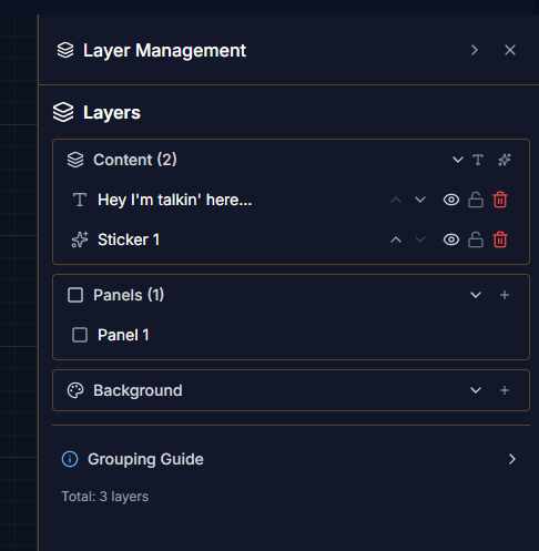The Layer Management panel in the Panel Haus editor